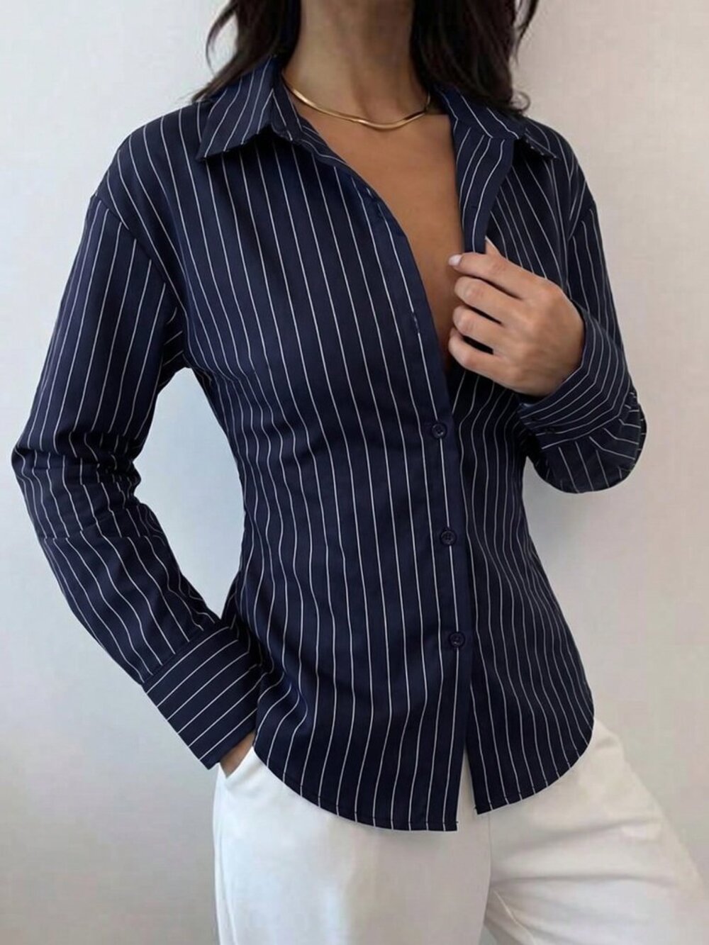 Navy Blue Casual Women's Striped Drop Shoulder Regular Fit Shirt - Picture 4 of 7